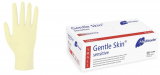 puderfreier Latexhandschuh Gentle Skin sensitive von Meditrade. Bild zeigt einen geschlossenen Dispenser mit Latexhandschuhen. Daneben ein einzelner weisser und puderfreier Latexhandschuh der Marke Meditrade.