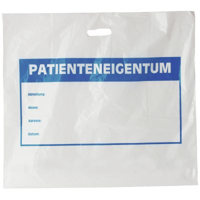 Weiße Kunststofftragetasche mit einseitigem blauem Aufdruck und Adressfeld zum Beschriften
