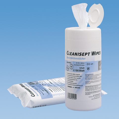 Bild mit blauem Hintergrund zeigt eine weiße Dose mit der Aufschrift Cleanisept Wipes Desinfektionstücher. Dose ist oben geöffnet und ein weisses Tuch steht ein Stück heraus. Kann hier bestellt werden.